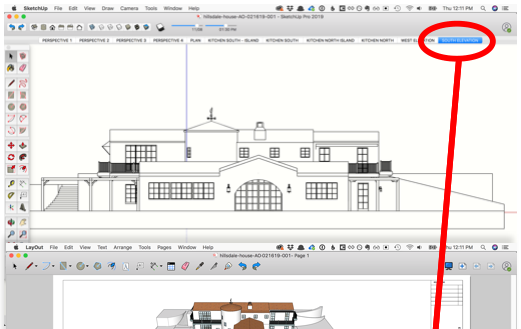 A SketchUp model with Scenes saved along the top tab bar