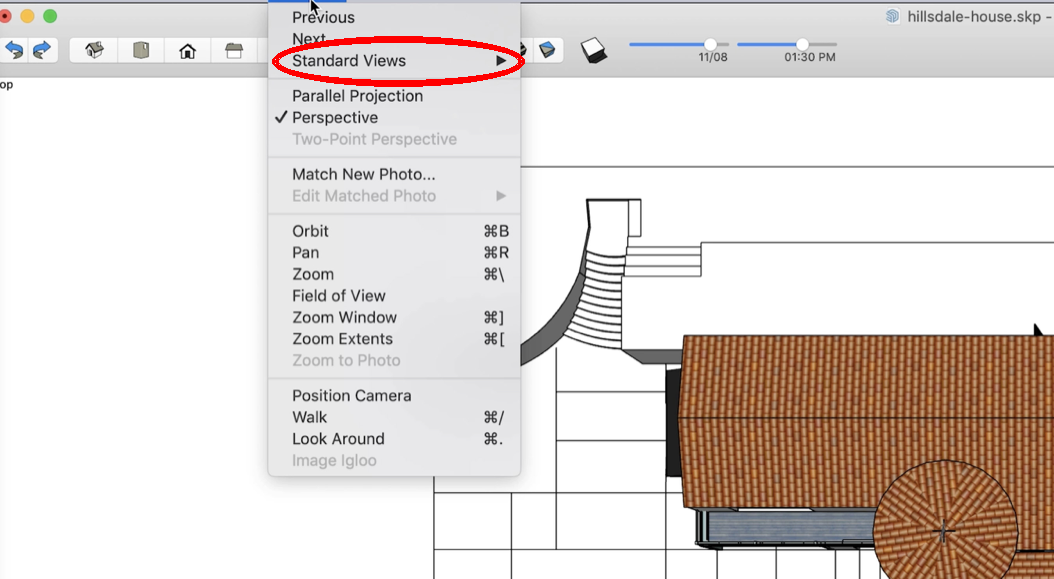 The Camera menu in SketchUp with Standard Views circled