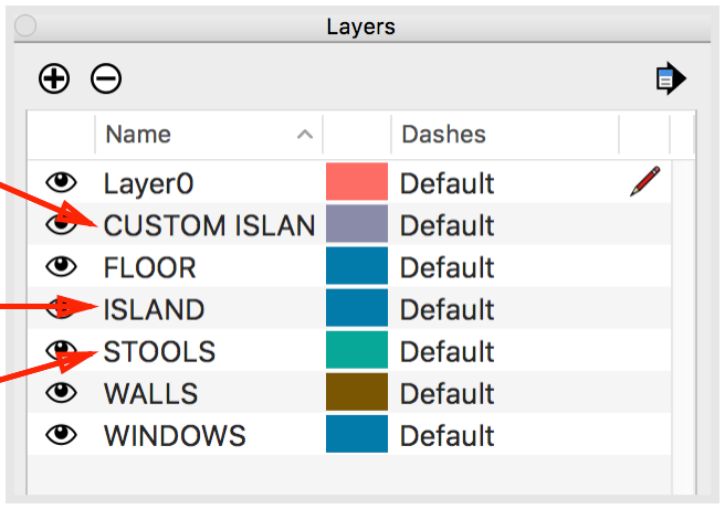 The Layers window in SketchUp with named Layers for each part of the model