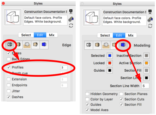 The Styles window Edge and Modeling settings for Profiles and Section Line Width