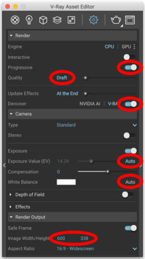 The V-Ray Asset Editor with draft render settings
