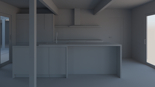 A clay-style test rendering of a kitchen with Material Override on