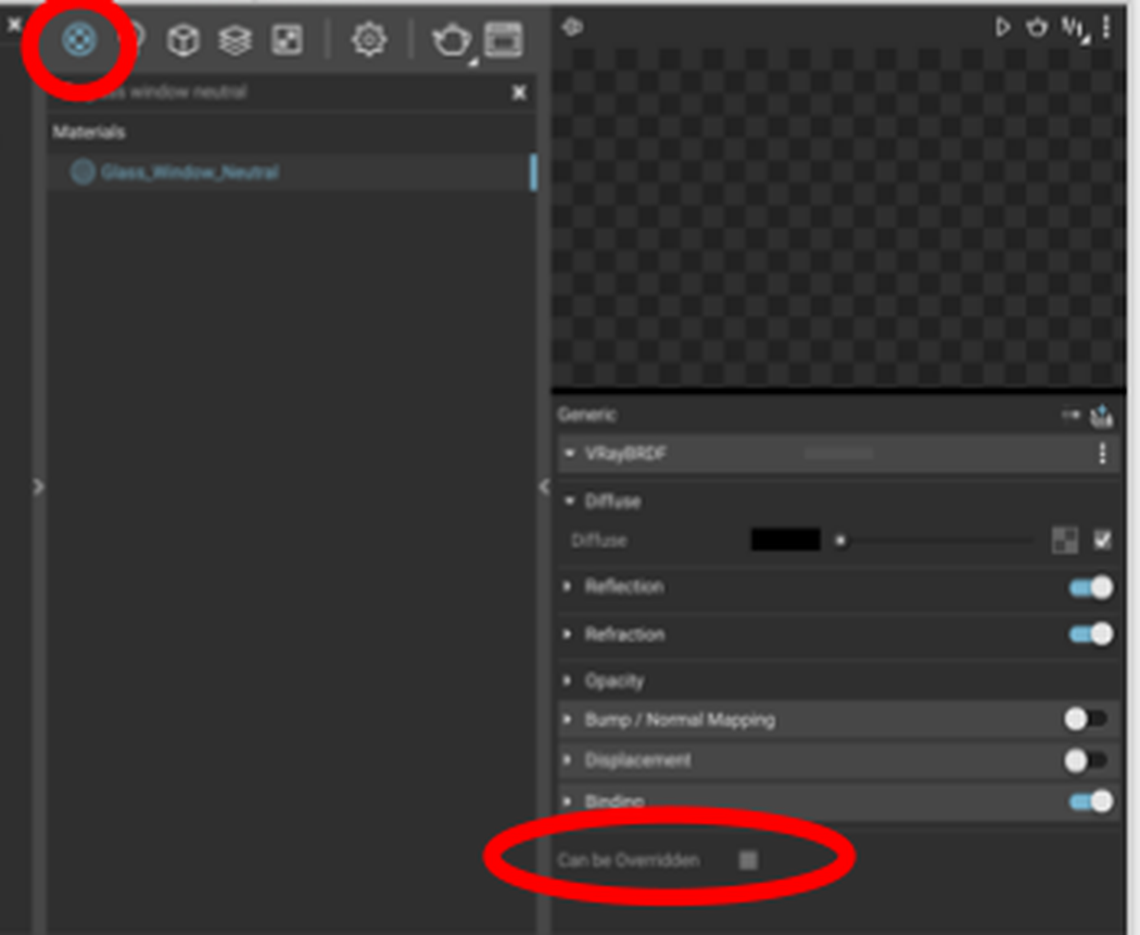 The Glass material settings with Can Be Overridden unchecked