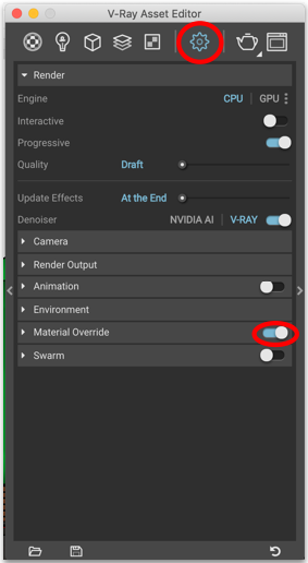 The V-Ray Asset Editor with the Material Override toggle on