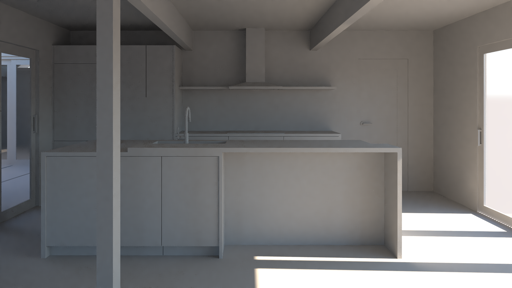 A test rendering of the kitchen lit with the V-Ray Sun