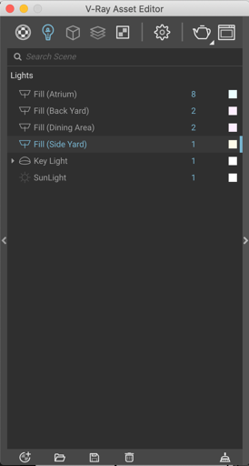The Lights list in the V-Ray Asset Editor with named Key and Fill lights