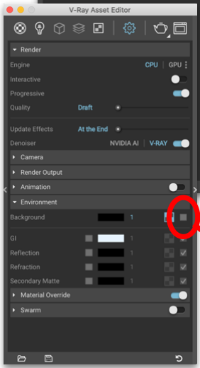 The Environment settings in the V-Ray Asset Editor with Background unchecked