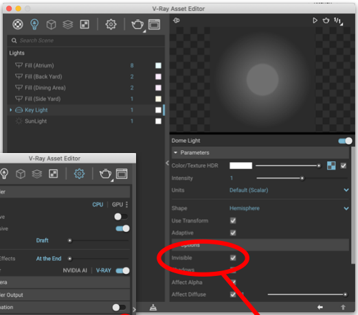 The Dome Light parameters in the V-Ray Asset Editor with the Invisible option