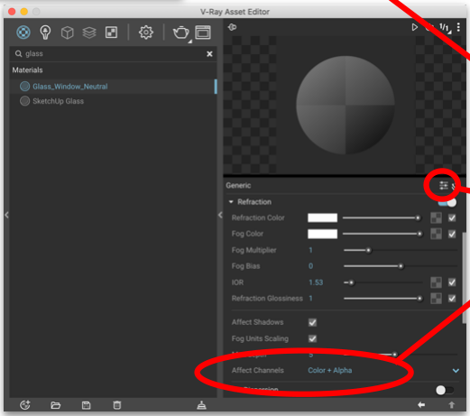 The glass material’s Refraction settings with Affect Channels set to Color + Alpha
