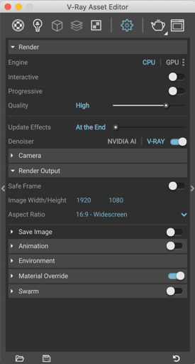 The V-Ray Asset Editor with final render settings at High quality