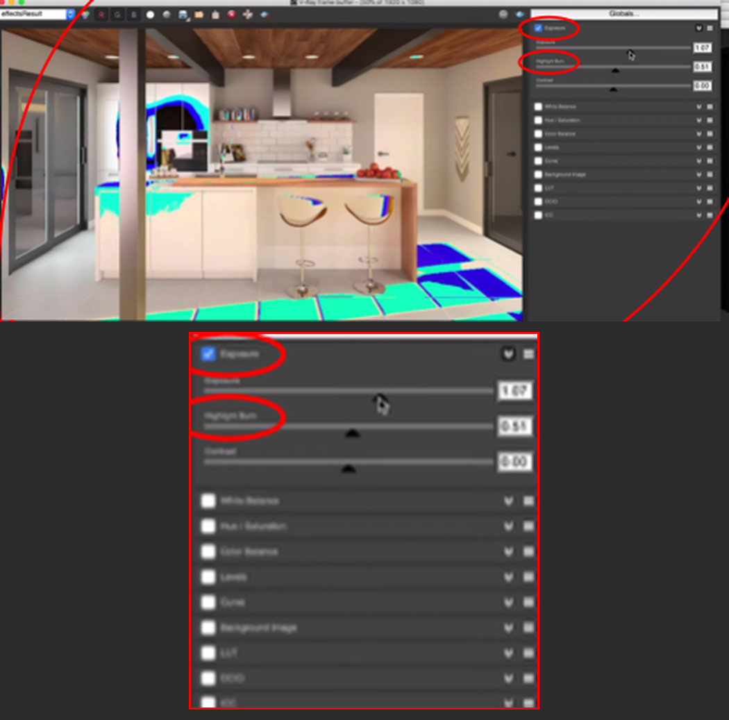 The V-Ray Frame Buffer with Force Color Clamping showing over-exposed areas