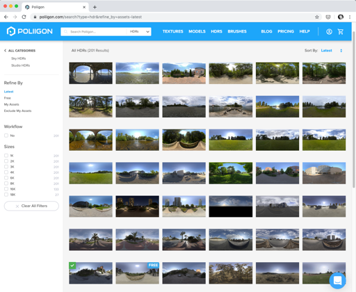 Browsing HDR sky images on Poliigon