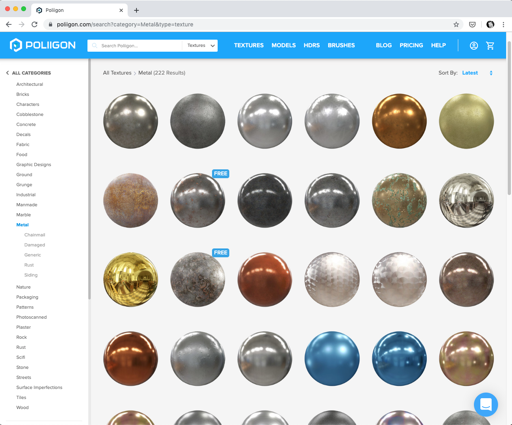 Browsing metal materials on Poliigon