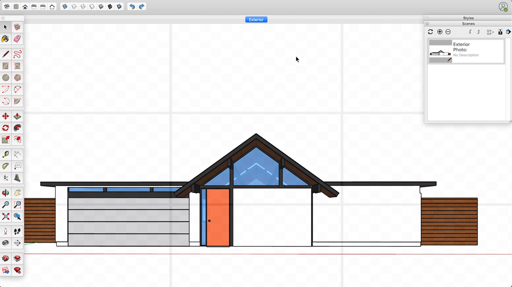 A SketchUp model framed with a rule-of-thirds overlay grid in 2-Point Perspective