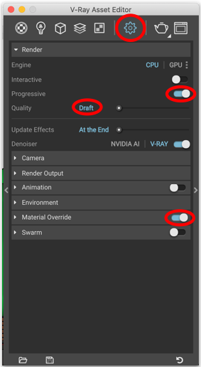 The V-Ray Asset Editor with Material Override, Progressive and Draft quality circled
