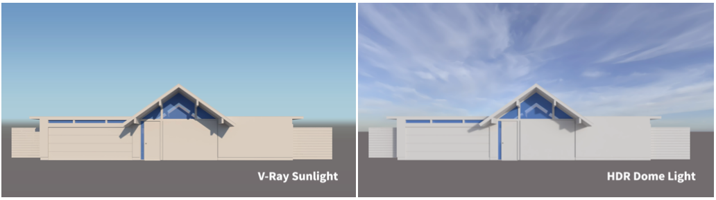 The same model lit with V-Ray Sunlight versus an HDR Dome Light
