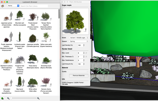 The Laubwerk plant browser next to a SketchUp model