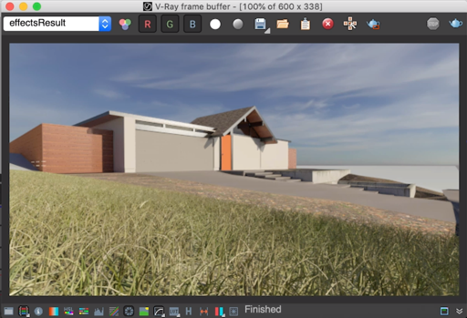 A test rendering with 3D grass created with V-Ray Fur