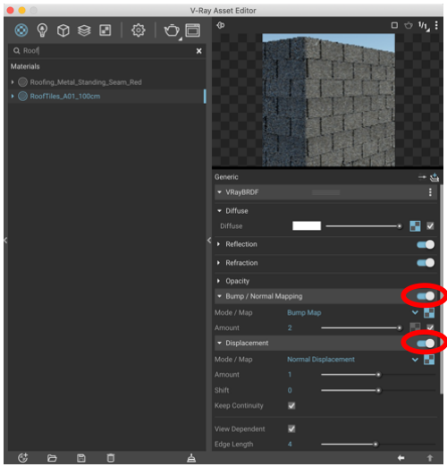 The V-Ray Asset Editor with Bump/Normal Mapping and Displacement toggles circled