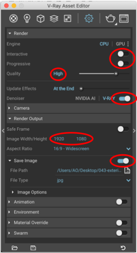 The V-Ray Asset Editor final render settings with High quality, Denoiser and Save Image circled