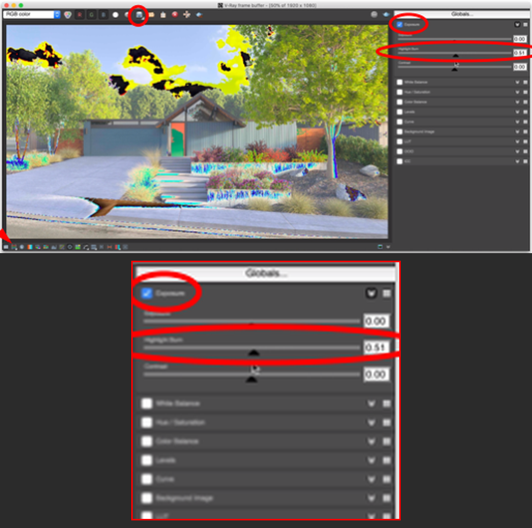 The V-Ray Frame Buffer with Force Color Clamping showing burned-out areas and the Exposure controls open