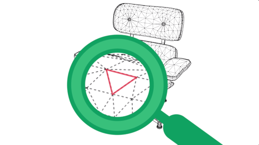 A magnifying glass over a wireframe chair revealing a triangular polygon