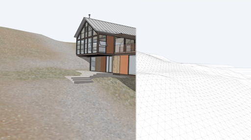 A house sitting on sculpted terrain, half rendered and half wireframe