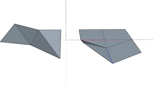The same mesh built from triangles versus rectangles producing different surfaces