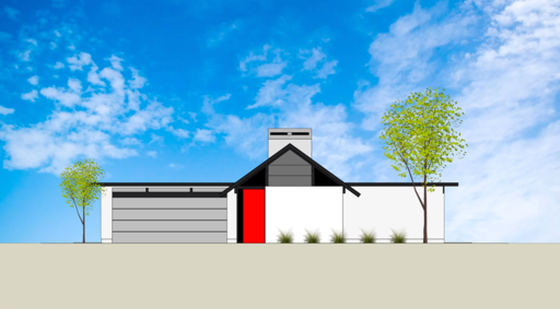 An elevation Scene exported from SketchUp with sky, trees and shadows