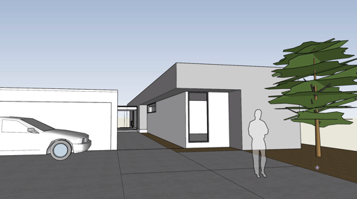 A SketchUp scene with placeholder people, a car and a tree