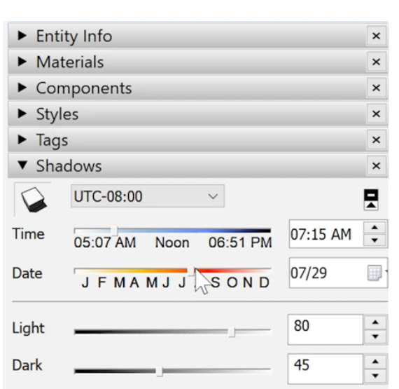 The Shadows dialog in SketchUp with Time and Date sliders