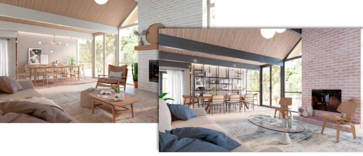 Two renderings of the same room showing different design options