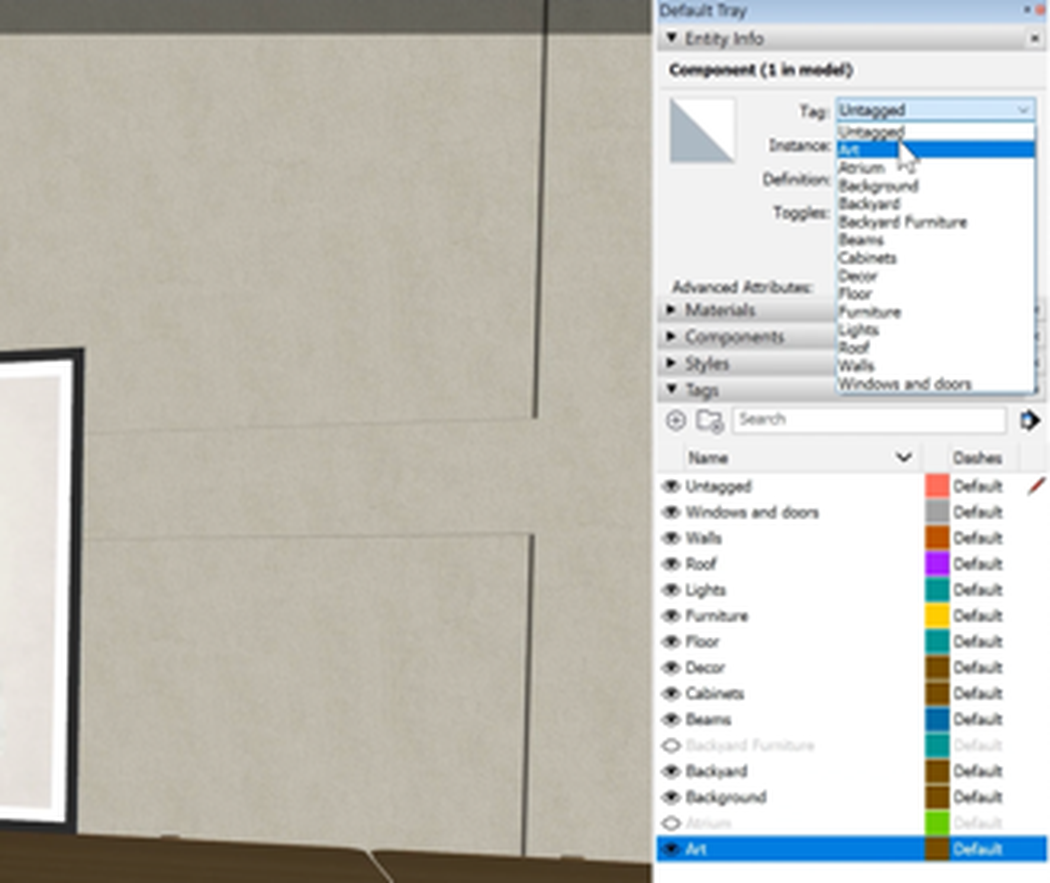 A SketchUp model with the Default Tray open, showing Entity Info with the Tag dropdown and the Tags list