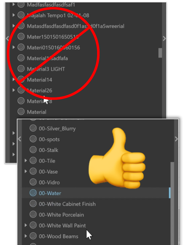 A confusing list of generic material names versus a clean, well-named materials list