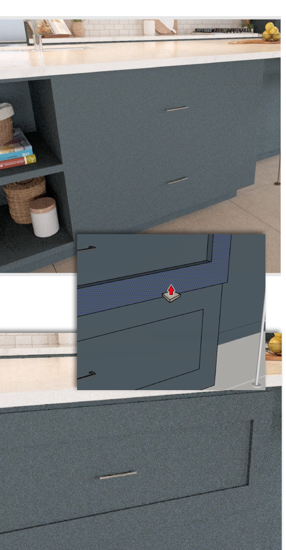 A rendered kitchen cabinet next to the SketchUp model showing beveled details