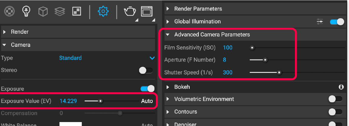 The V-Ray Asset Editor camera settings with Exposure Value and Advanced Camera Parameters highlighted