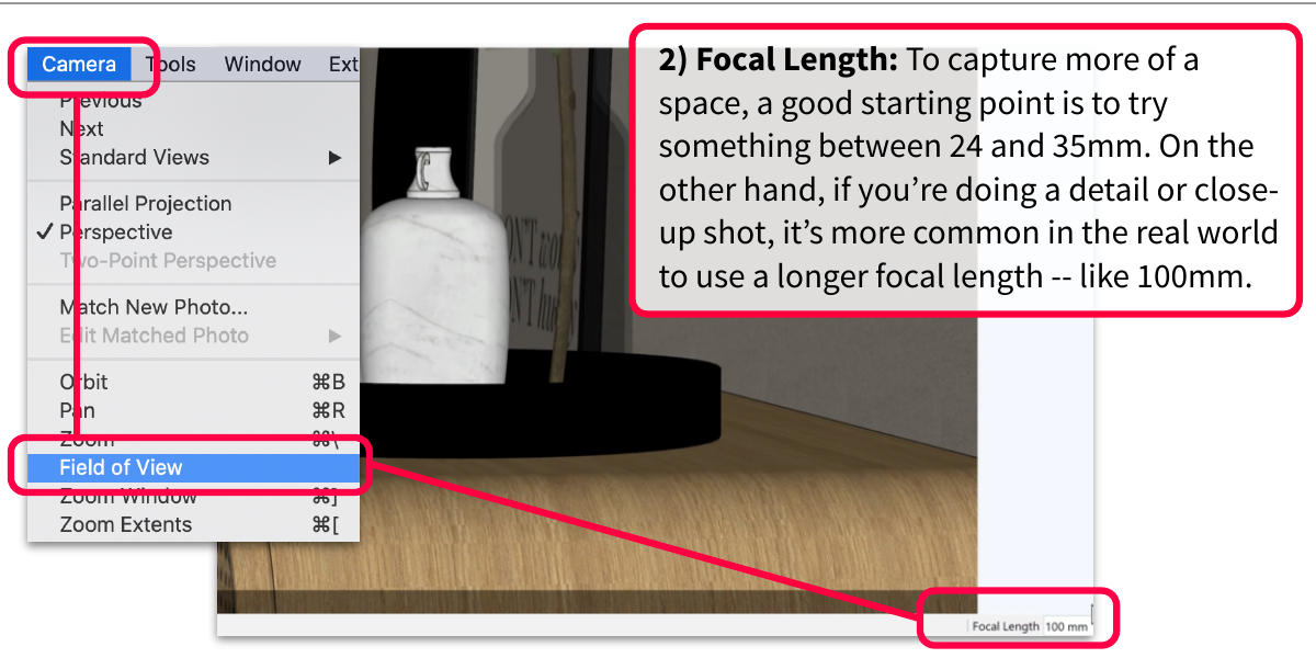SketchUp’s Camera menu with Field of View highlighted and the Focal Length readout