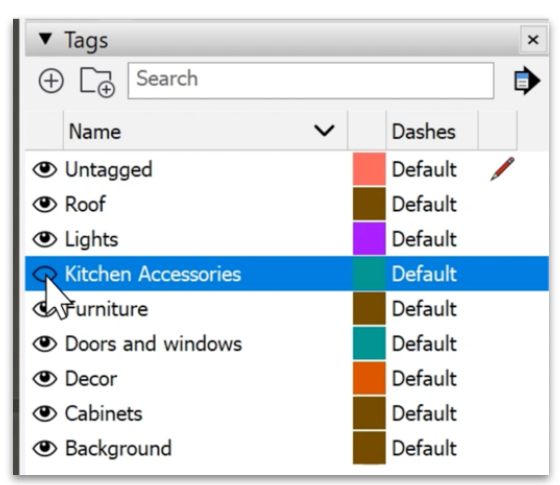 The Tags panel with some tags hidden to finalize the shot