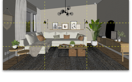 A SketchUp scene with a rule-of-thirds grid overlaid as a watermark