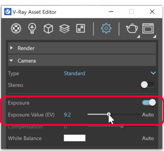 The V-Ray Asset Editor with the Exposure Value slider highlighted