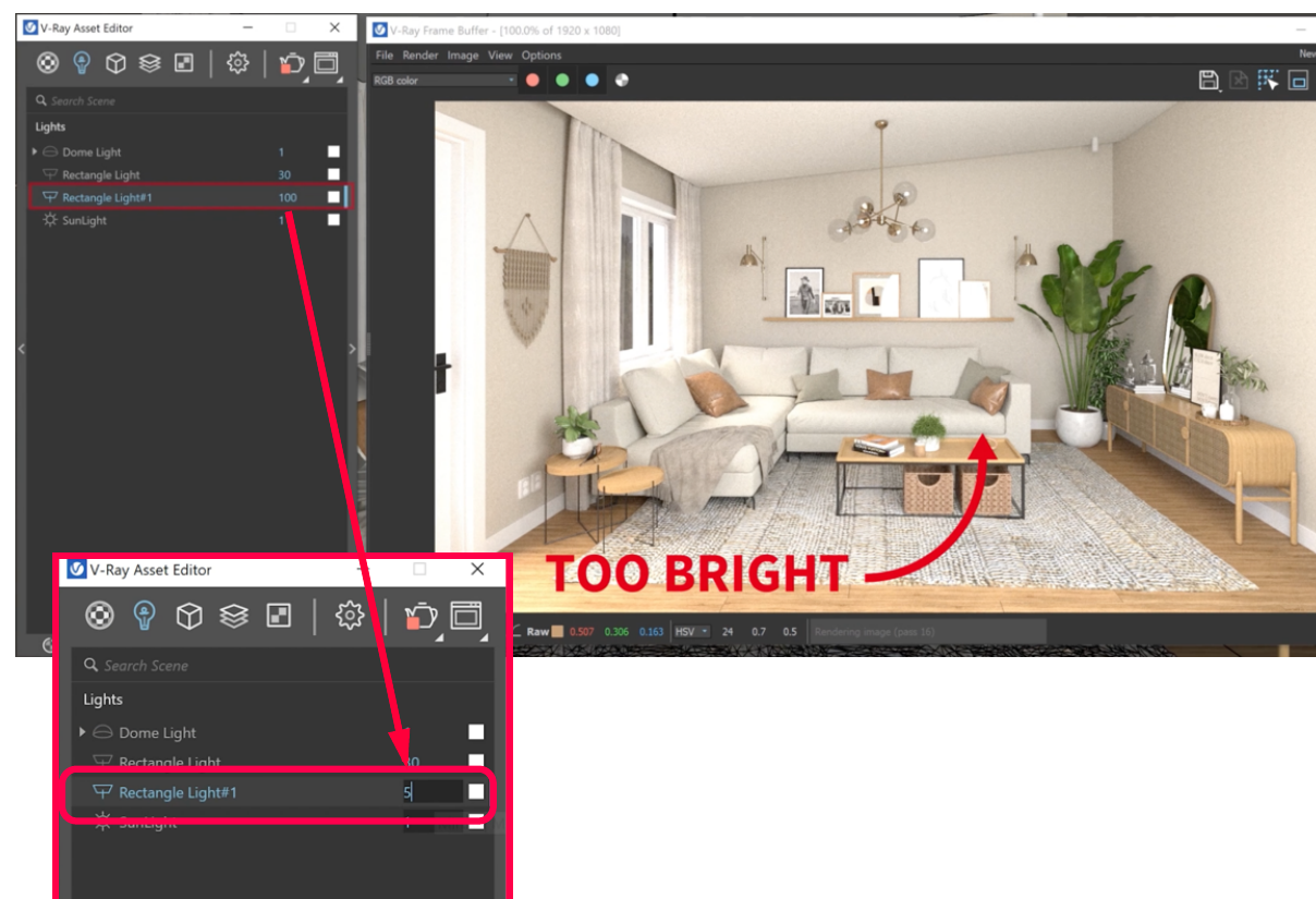 Adjusting a light’s intensity in the V-Ray Asset Editor to fix an area that renders too bright
