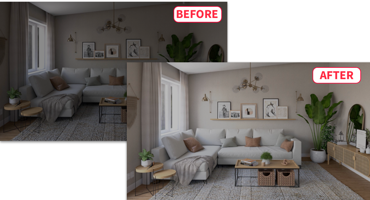 Before and after renderings showing the effect of balancing exposure to the Key Light