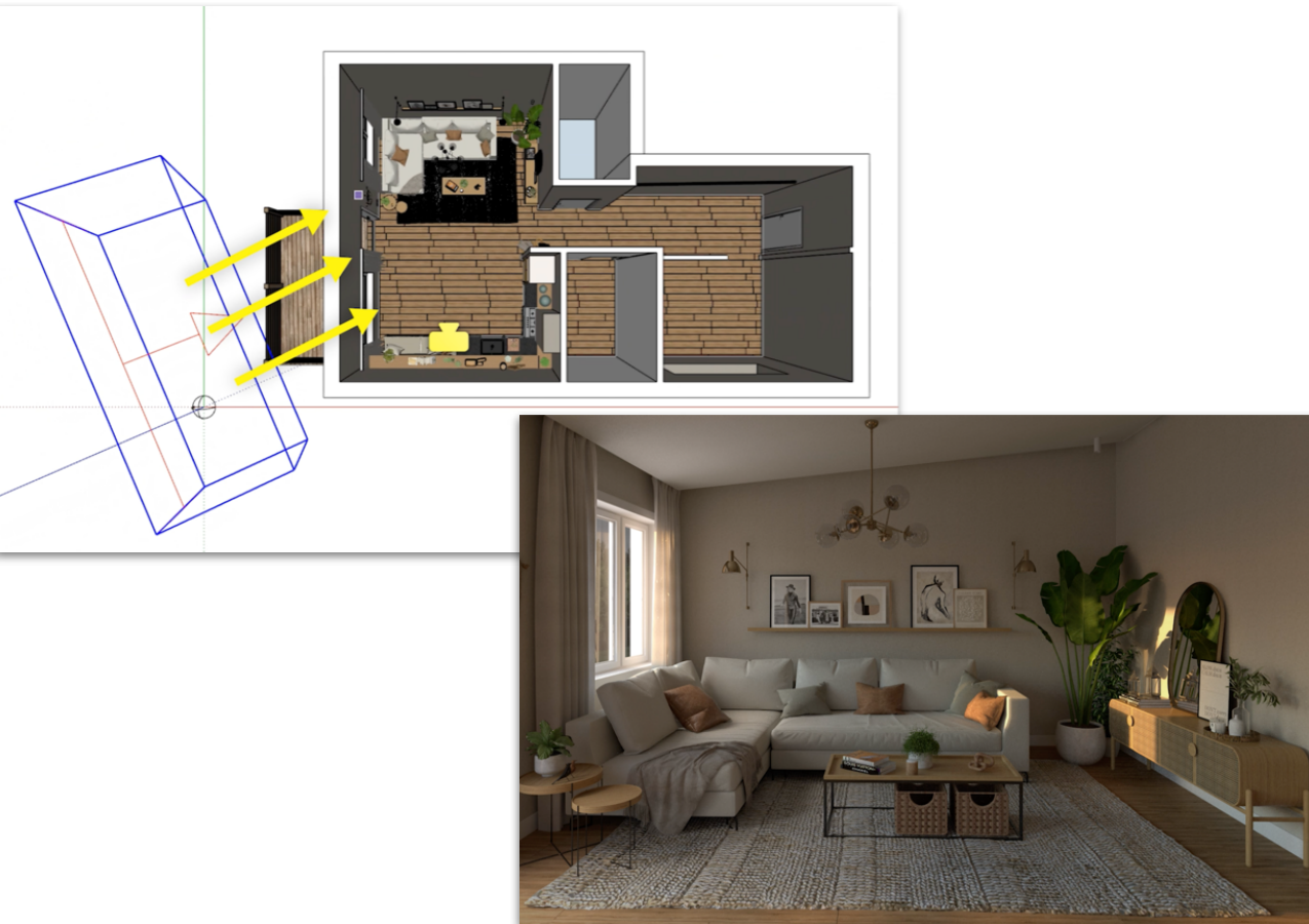 A plan view showing the Key Light position next to the resulting rendering