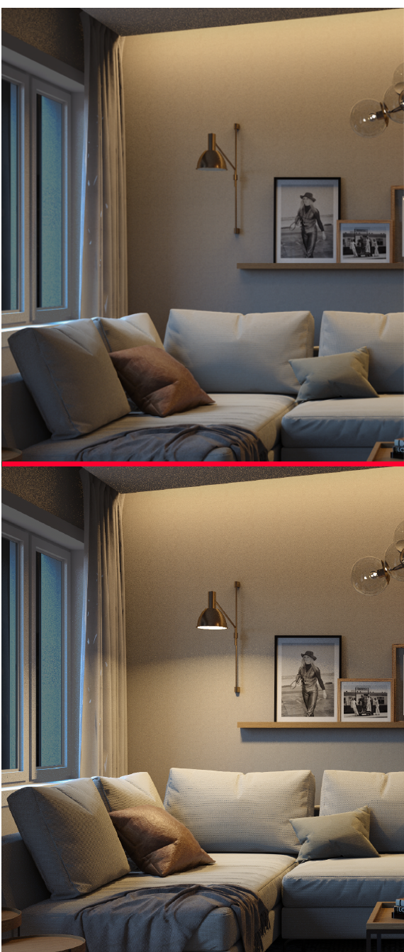 The same interior rendered with light fixtures off and on