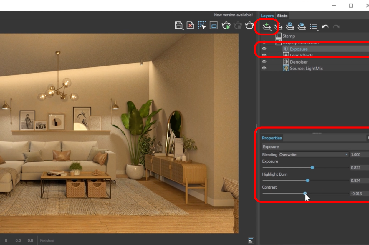 The V-Ray Frame Buffer with an Exposure layer added and its Properties open