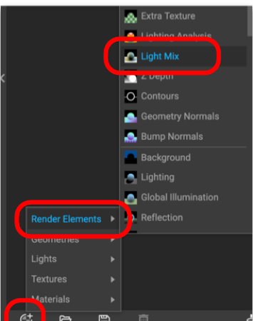 The Create Asset menu in the V-Ray Asset Editor with Render Elements and Light Mix highlighted