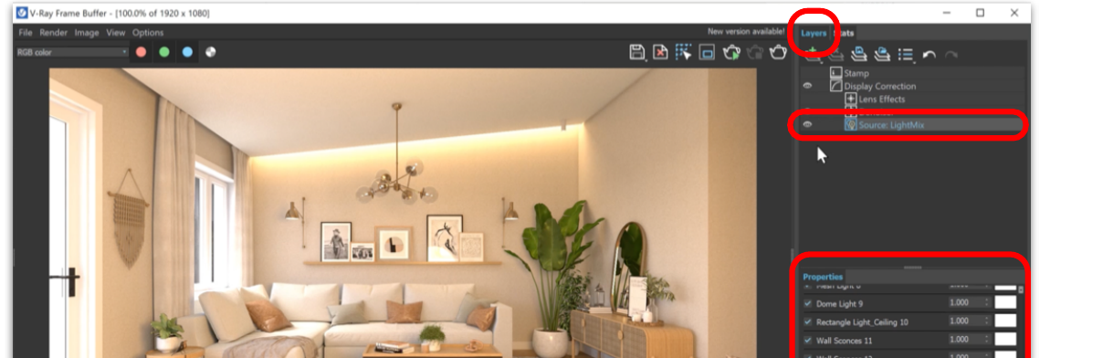 The V-Ray Frame Buffer with the Light Mix source and light Properties highlighted