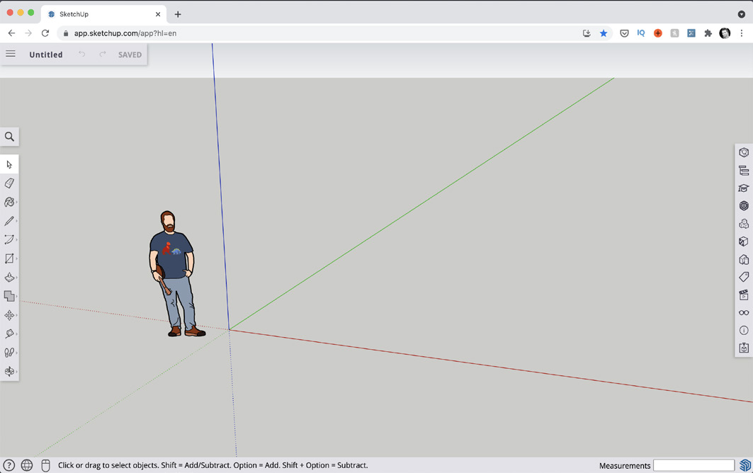 SketchUp Free open in the browser showing the default 3D view