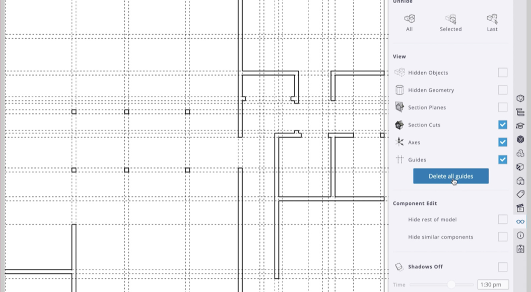Interior walls drawn between guide lines, with the Delete all guides button in the Display panel
