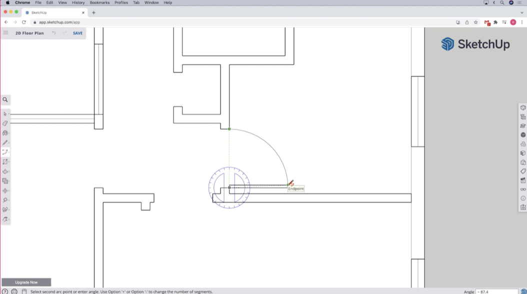 Drawing a door symbol with an arc for the door swing in SketchUp Free